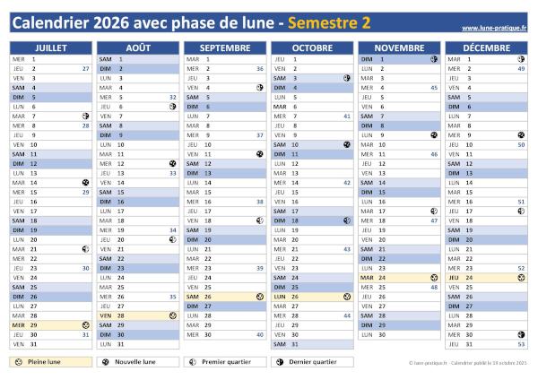 Calendrier 2026 avec phases lunaires - Semestre 2