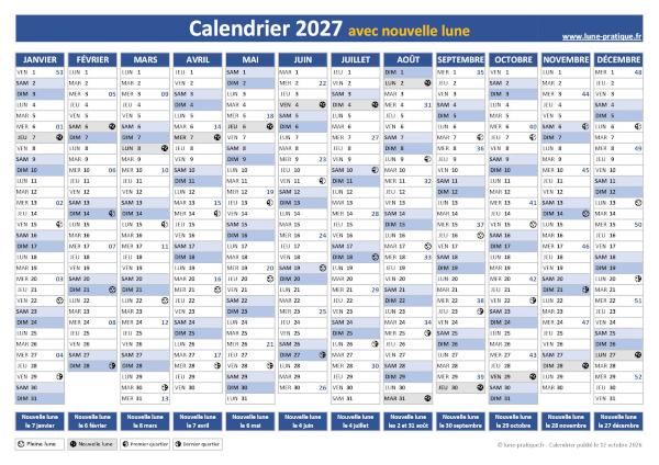 Calendrier des phases lunaires 2027 à télécharger, avec les dates exactes des 12 nouvelles lunes