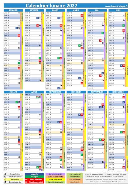Calendrier lunaire 2027 complet avec phases lunaires, apogées, périgées, nœuds lunaires, cycles montants/descendants et croissants/décroissants à télécharger et imprimer au format portrait