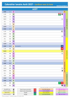 Télécharger et imprimer notre calendrier lunaire d'août 2027 pour le jardin avec les dates des jours feuilles, fruits, fleurs et racines ainsi que celles des phases de lune Jardiner avec la lune Août 2027 - Calendrier lunaire pour le jardin à imprimer