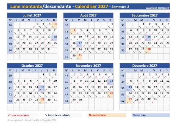 Calendrier lunaire 2027 avec Lune montante-descendante - Semestre 2